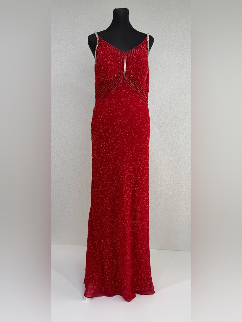 Vintage FIESTA Red Heavily Beaded Gown Size L Y2K Prom Open Back Sheer Panel